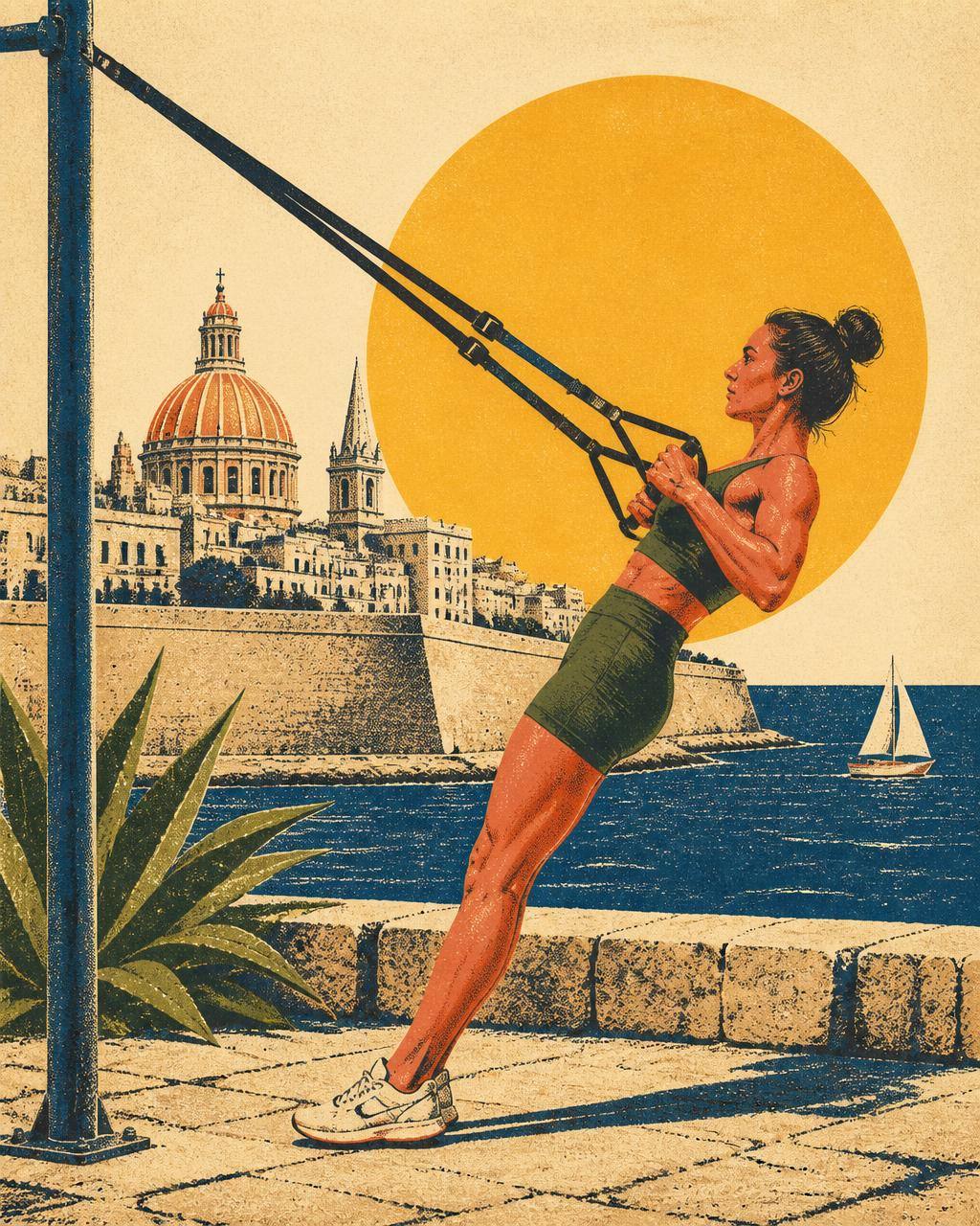 Risograph illustration of a woman training with TRX suspension straps on the Malta seafront